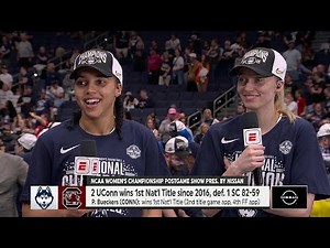 Paige Bueckers, Azzi Fudd, Geno Auriemma, post game after UConn Huskies win National Championship
