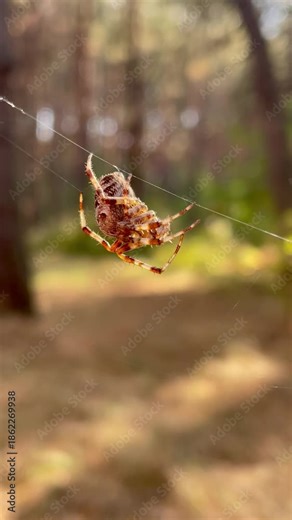 Macro video of large garden spider Araneus diadematus hanging on web in autumn pine forest, vertical orientation