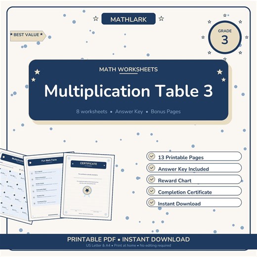 Easy Multiplication Table 3 Worksheets | Grade 3 Math Printable PDF for Kids - Etsy