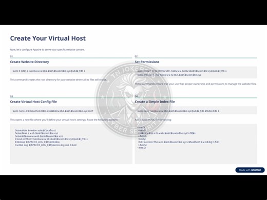 WEB SERVER & VIRTUAL HOST SETUP UBUNTU SERVER (STEP BY STEP) STEP 1: UPDATE SYSTEM sudo apt update sudo apt upgrade -y STEP 2: INSTALL APACHE sudo apt install apache2 -y STEP 3: CHECK APACHE sudo systemctl status apache2 Open browser: http://SERVER_IP STEP 4: APACHE DIRECTORIES /etc/apache2/ (config) /var/www/ (website files) /var/log/apache2/ (logs) STEP 5: CREATE WEBSITE FOLDER sudo mkdir -p /var/www/example.com/public_html STEP 6: SET PERMISSION sudo chown -R $USER:$USER /var/www/example.com 