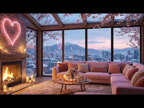 Romantic Jazz Fireplace ❄️ Pink Snow Cabin for Valentine’s Night Ambience