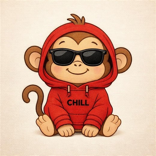 Monkey Embroidery Design Hoodie Sunglasses Cartoon Cute Cool Funny Animal Streetwear Digital File