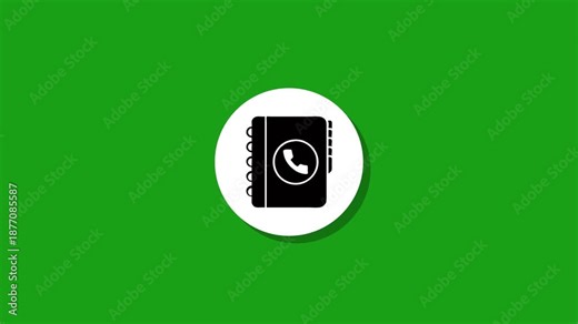 Animated phone book icon popping up on white circle against green screen background in motion graphic style