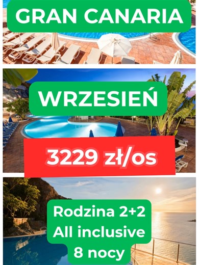 Rodzinne wakacje na Gran Canarii w formule All Inclusive? 🇮🇨☀️ Za 3229 zł/os (2 2) możesz polecieć na 8 nocy do Taurito – wylot z Krakowa (01–09.09.2026). W cenie loty w obie strony, hotel oraz All Inclusive. ✈️🏨 Hotel Mogan Princess & Beach Club oferuje apartamenty z widokiem na ocean, 3 baseny i bezpłatny transport na plażę Taurito – idealne warunki na rodzinny wypoczynek. 🌊 Gran Canaria słynie z słonecznej pogody przez cały rok, szerokich plaż i pięknych widoków na Atlantyk – idealny kier