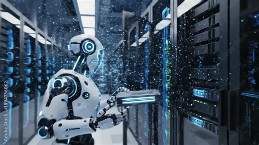 Futuristic AI-powered robot working in a high-tech data center, managing and analyzing information on servers with advanced computing technology. video