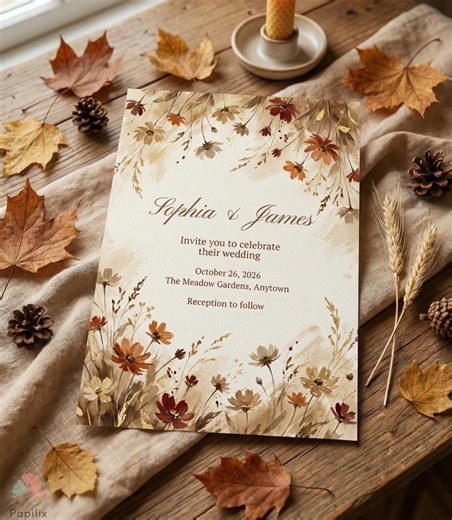 Watercolor Fall Wedding Invitation Template, Autumn Floral Gold Foil Style, Burnt Orange Wildflower Invite,editable Minimalist Digital Print - Etsy
