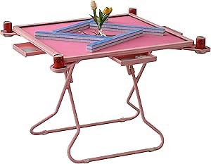 Pink Domino Table with Folding Legs, 32In*32In Extra Large Desktop Pink Mahjong Table, Built in Drawers and Cup Holders, Great for Poker Cards, Mahjong, Board Games