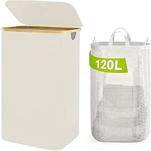Laundry Basket with Lid, 120L Clothes Hamper for Laundry Basket, Laundry Hamper Organizer for Bedroom, Laundry Room, Dirty Clothing Hamper, Beige