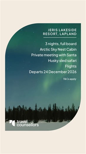 Experience the magic of Finnish Lapland on an unforgettable three-night festive stay at Jeris Lakeside Resort. Your retreat is a cosy Arctic Sky Nest, featuring panoramic windows, log burners, and your very own sauna. Enjoy festive family activities, whether you’re racing through snow-capped forests by husky sled, feeding friendly reindeer, or seeing your little ones’ eyes light up during a private meeting with Santa, their wonder shining brighter than the northern lights. https://www.travelcoun