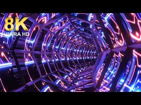 8k Futuristic Geometric Tunnel with Blue and Pink Neon Lights and Glossy Metallic Structure (1 hour)