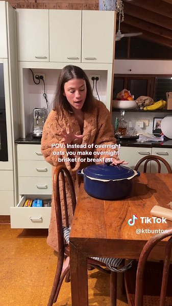 Replying to @ghostbuster genius level parenting hack for a low effort high protein breakfast Overnight Brisket Recipe: • Set the oven to 110 • frozen beef bone broth on bottom • frozen chuck steak in middle • more frozen bone broth on top • throw in carrots, onion, garlic • tomato sauce or ketchup • maple syrup • put in at 9pm and take it out at 7am or whenever you wake up! Yummmmm! We also used the brisket for dinner to make nachos / tacos 🤤 #overnightbrisket #highprotein #easybreakfastideas #