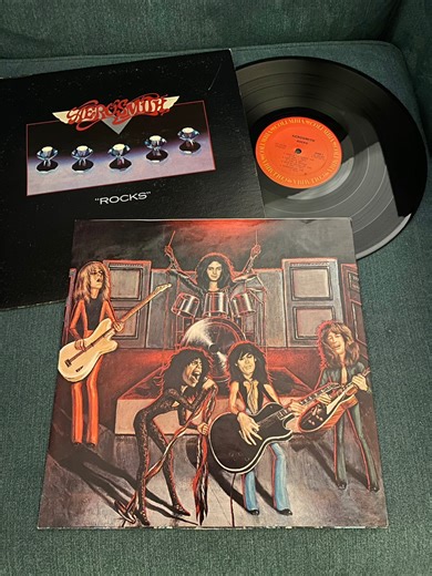 I loved hearing the popping between tracks on this one! I could almost make out the name of the original owner on the label for this record that I probably purchased for $2 at a used book store 15ish years ago. These original pressings have so much character. #aerosmith #rocks #music #vinyl #records #rollingstone500greatestalbumsofalltime @aerosmith @rollingstone