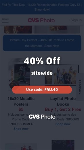 📸 Memories cost less with CVS Photo! 👉 40% Off Sitewide - includes Same Day Delivery 👉 Use code FALL40 👉 Valid until October 4, 2025 Perfect for prints, photo books, and personalized gifts. More verified deals: https://dpf.to/cvsphoto-coupons #DontPayFull #CVSPhoto #Coupons #PhotoDeals #FallSavings | DontPayFull