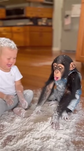 Best Friends! Baby Can't Stop Laughing While Playing in Flour With Chimp