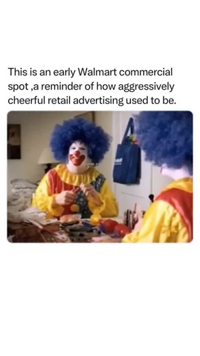 Iconic Adverts of all Time on Instagram: "If you love ads like this, Follow @iconiq.ads ❤️ so you don’t miss the next one, also check the link in my bio — I save the good stuff there. 😉 This vintage Walmart “clown” commercial is a chaotic piece of advertising history that feels more like a fever dream than a retail pitch. In an effort to showcase their low prices and “fun” family atmosphere, Walmart leaned into high-energy, slapstick humor that occasionally crossed the line into being accidenta