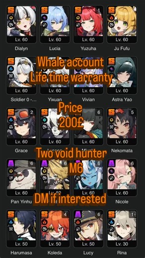 Uma_Umachi on Instagram: "For sell Zzz account full whale two void hunter M6 clear all contents easy moc and deadly assault 9 star All characters well bulld yuan and miyabi full support characters too Account was taking rate on for both weapons and stuff perfectly for one who wants to get ye shunguang Price? 200£ negoable just DM I won't bite don't worry Account come with life time warranty extra safe Full refund if anything happens DM if interested or need more information ℹ️"