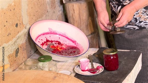 Description: Rustic scene of a person using a traditional canning tool to seal a glass jar filled with homemade raspberry jam or preserves.