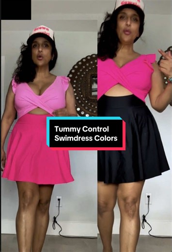 #creatorsearchinsights @aleumdrus_fashion Tummy control swimsuits for women are trending right now and this one is actually flattering. This is a tummy control swimdress that hides your mommy pooch and I love that it has these cute little flutter sleeves. It just makes the swim dress look feminine. I have it in the pink and I also have it in the black and pink color block, and both are really flattering. The fabric is stretchy and comfortable and smooths everything out without squeezing. The bac