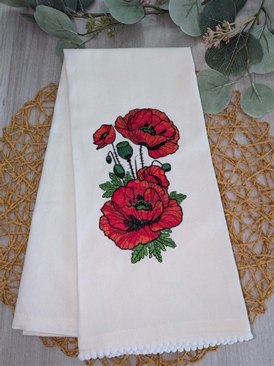 Embroidered Red Poppy Tea Towel, Custom Floral Kitchen Decor, Embroidery Flower Towel - Etsy