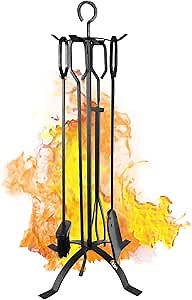 VODA Fireplace Tools Set, 5-Piece Cast Iron 30.5" Fire Place Set Tools Indoor Fireside Accessories Large Fire Place Tool Set Outdoor Holder Fire Kit with Poker Shovel Tongs Brush, Stand