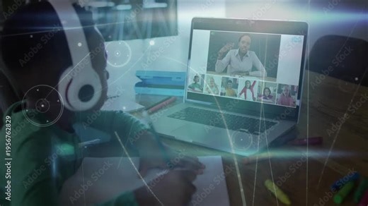 Girl wearing headset writing in notebook as online teacher gesturing cueing remote lesson, overlays