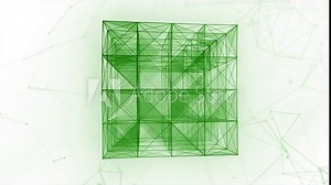 3D cube of geometric lines. Motion. Polygonal cube with lines and triangles. Geometric cube with lines and shapes in mathematical space