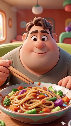 Obese Guy Eating Noddle On Huge Bowl