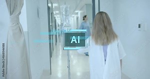 Patient grabbing IV pole initiating medical AI overlay and advancing down bright hospital corridor