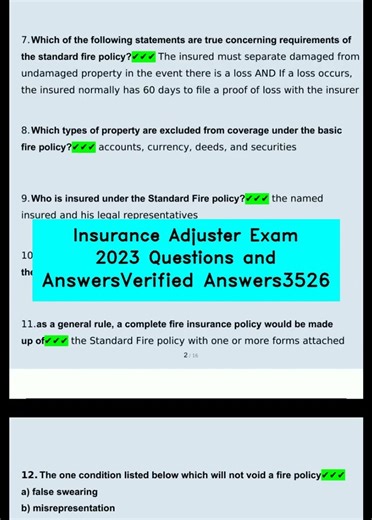 Insurance Adjuster Exam 2023 Questions and AnswersVerified Answers3526 video