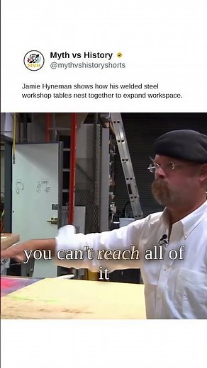 Jamie Hyneman shows how his welded steel workshop tables nest together to expand workspace.