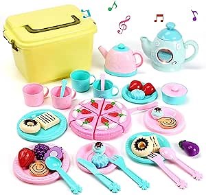 CUTE STONE Toy Tea Set for Little Girls, Kids Tea Party Set Includes Kettle with Light & Music, Teapot, Dessert, Cookies, Play Tea Party Accessories & Carrying Case, Kitchen Pretend Play for Kids