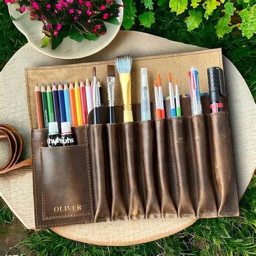 Personalised Brush Case, Gift for Artist, Roll up Pencil Case, Gifts for Painter, Leather Pencil Case, Leather Pen Organiser, Brush Holder - Etsy UK