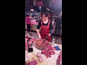 POV Female Butcher Cutting Pork — Real-Time Chinese Meat Market Skills