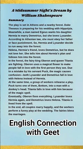 A Midsummer Night’s Dream by William Shakespeare Summary Theme & Characters | B.Com 4th sem #shorts