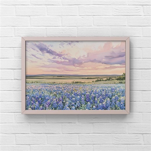 Texas Bluebonnet Landscape Wall Art Printable | Wide Wildflower Field Print | Rustic Texas Decor | Horizontal Floral Art - Etsy