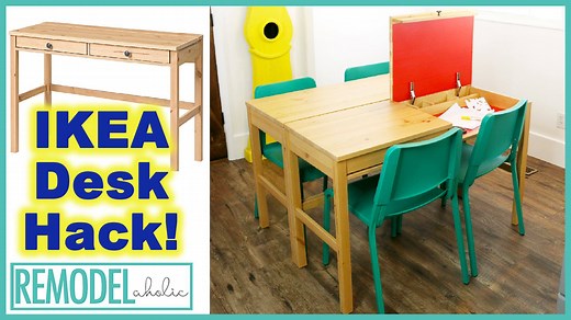 Today we wanted to show you a Ikea desk hack that we pulled off. We used a Ikea Hemnes desk and made a desk to fit two kids with their own hidden compartment flip top desk for arts and crafts. We show you the desk setup and customizing the desktop. We cut the top of the desk in half, and rearranged the drawers, allowing each side to have it's own organization and storage compartment, by lifting the lid and accessing the supplies inside. The hinges we used are called Surface Mounted Hamper Hinges