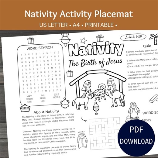Nativity Activity Placemat, Sunday School Games, Christmas Nativity Worksheet