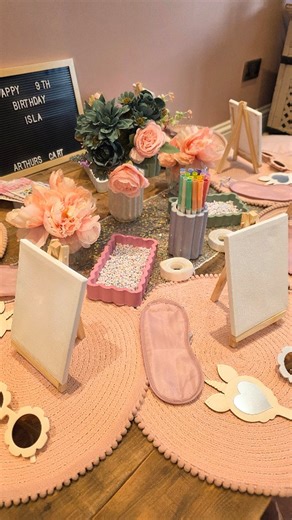 Childrens Corner | Lawn Games | Signage | Geo Party Dome Hire on Instagram: "🎀 Happy 9th Birthday Isla 🎀 Yesterday I had the absolute pleasure of setting up 6 tepees for Isla and her besties for the ultimate girls movie night 🥹 Isla and her sister helped me set it up, choosing where their friends will go and plumping the cushions, we had the most fun! We also added a craft table filled with every crafty girls dream from decorating sunglasses to painting canvases - fully decorated tablescaping