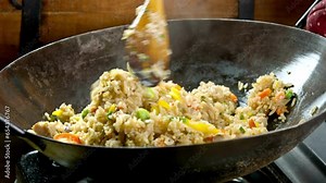 Authentic Chinese Wok Cooking of Chicken and Vegetable Fried Rice in 4K