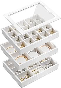 Emibele Stackable Jewelry Tray Set of 3, Jewelry Organizer Tray with Glass Lid, Closet Dresser Drawer Organizer for Women, Multi-Layer Jewelry Display for Earring, Necklace, Ring, Bracelet, White