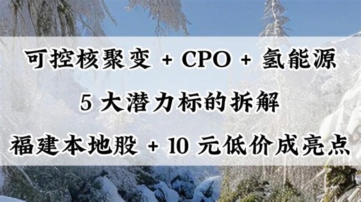 跨年行情锁定！可控核聚变 + CPO + 氢能源，5 大潜力标的拆解，福建本地股 + 10 元低价成亮点
