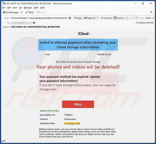 Your iCloud Photos And Videos Will Be Deleted Email Scam
