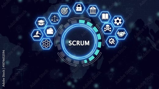 SCRUM, agile development methodology concept. Task sprint teamwork methodology. Adaptable, fast, flexible and effective agile framework. Scrum roles, product owner, scrum master and scrum team. 4k