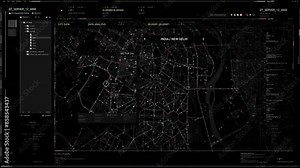 High tech surveillance detection system analysing the night city map. High tech surveillance detection software identifying the target vehicle. High tech surveillance detection program pursues target.