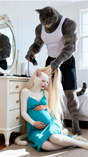 Alien Cat on Instagram: "The female cat had her head shaved by the male cat because she used a hairdryer while he was sleeping.#aicat #catstory #sadcat #viralvideos #fyp"