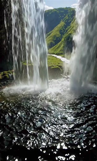 POV: Behind Thunder Falls 💦👁️ | Water Curtain to Sunlit Valley (8K HDR) | Cinematic Loop Standing inside a cave behind a waterfall—thick water curtains frame the world like moving glass. Outside: a sunlit valley and distant river in soft haze. Inside: wet rock textures, drifting mist, and tiny lens droplets with subtle refraction. Locked tripod • seamless loop (water curtain mist swirl droplet shimmer repeat perfectly, no flicker). Save this for a powerful calm reset ✨ #pov #waterfall #cinemat