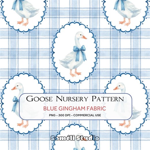 Blue Gingham Goose Nursery Fabric, Baby Farm Animal Seamless Pattern, Vintage Cottagecore Kids Room Decor, Watercolor Duck Print - Etsy