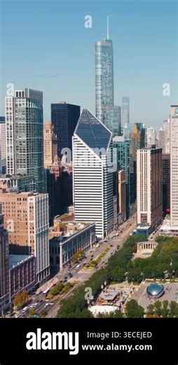 Downtown Chicago skyline with Millennium Park landmarks. Aerial view of Chicagos downtown skyline showcasing Millennium Park with its famous landmarks, including the Cloud Gate sculpture and Pritzker Pavilion Stock Video Footage - Alamy