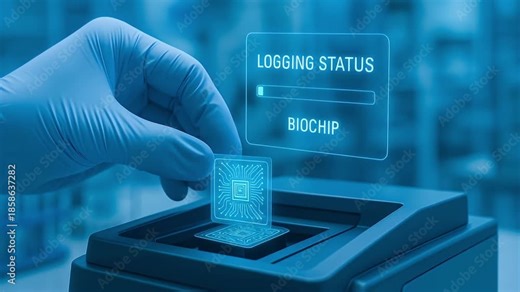 Futuristic hand glove inserting biochip into high tech device with hologram display showing logging status symbolizing advanced technology data processing circuit in clinical laboratory setting