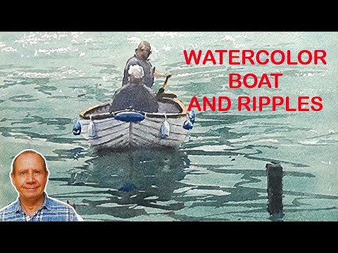 Beginner-Intermediate watercolor tutorial of a boat with figures and water ripples. Watercolour.
